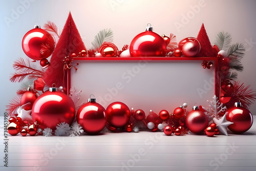 Festive background of Christmas. Red ornaments with a banner made of frosted glass that is blank within. 3D Production Design.