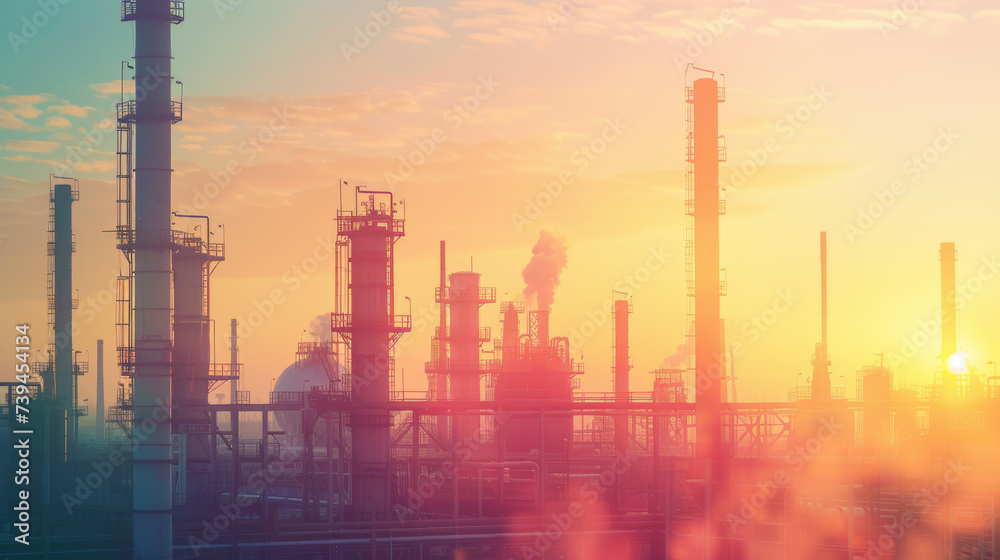 industrial landscape at sunset with multiple smokestacks emitting large amounts of smoke, highlighting environmental concerns related to air pollution.