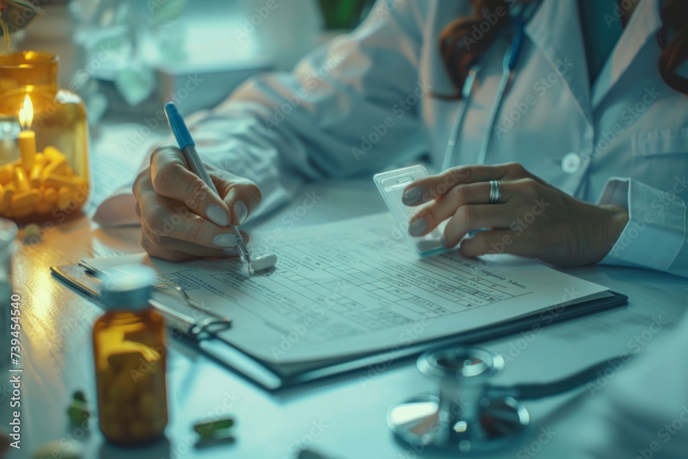 Φωτογραφία Hand of female doctor is filling a prescription.