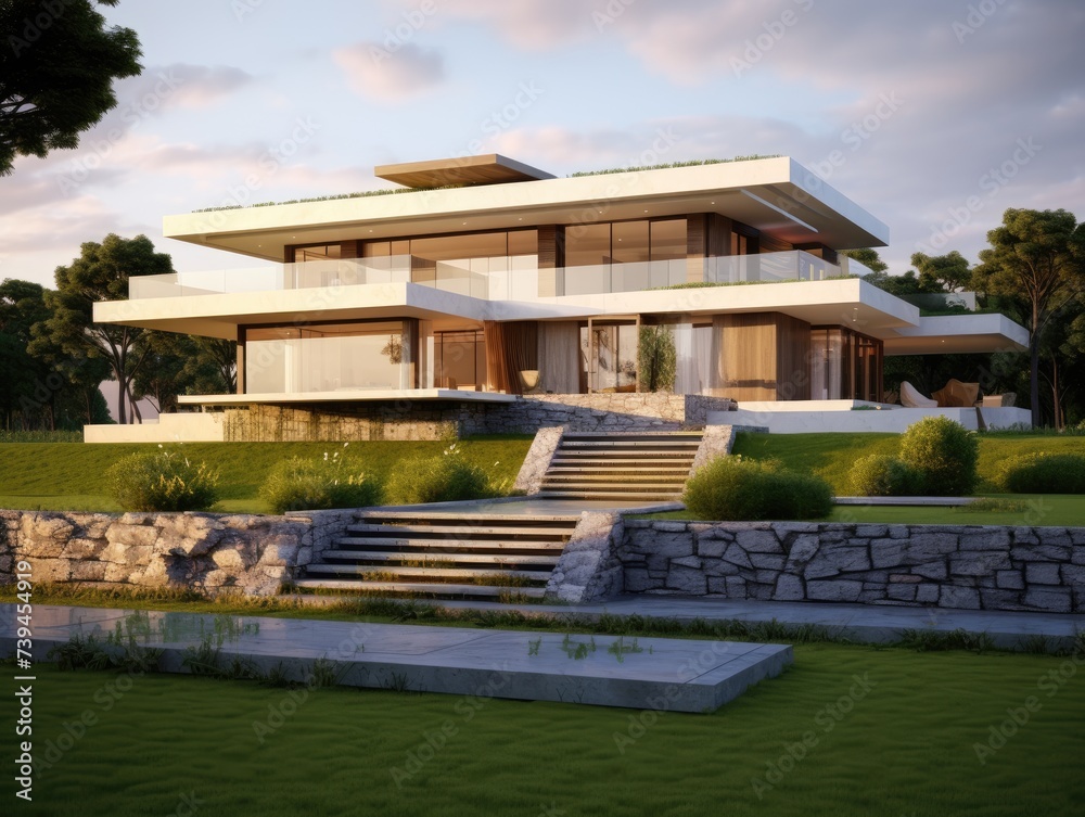 Fototapeta premium A large modern house with a stone wall and steps leading up to it, showcasing a blend of contemporary architecture and traditional elements.