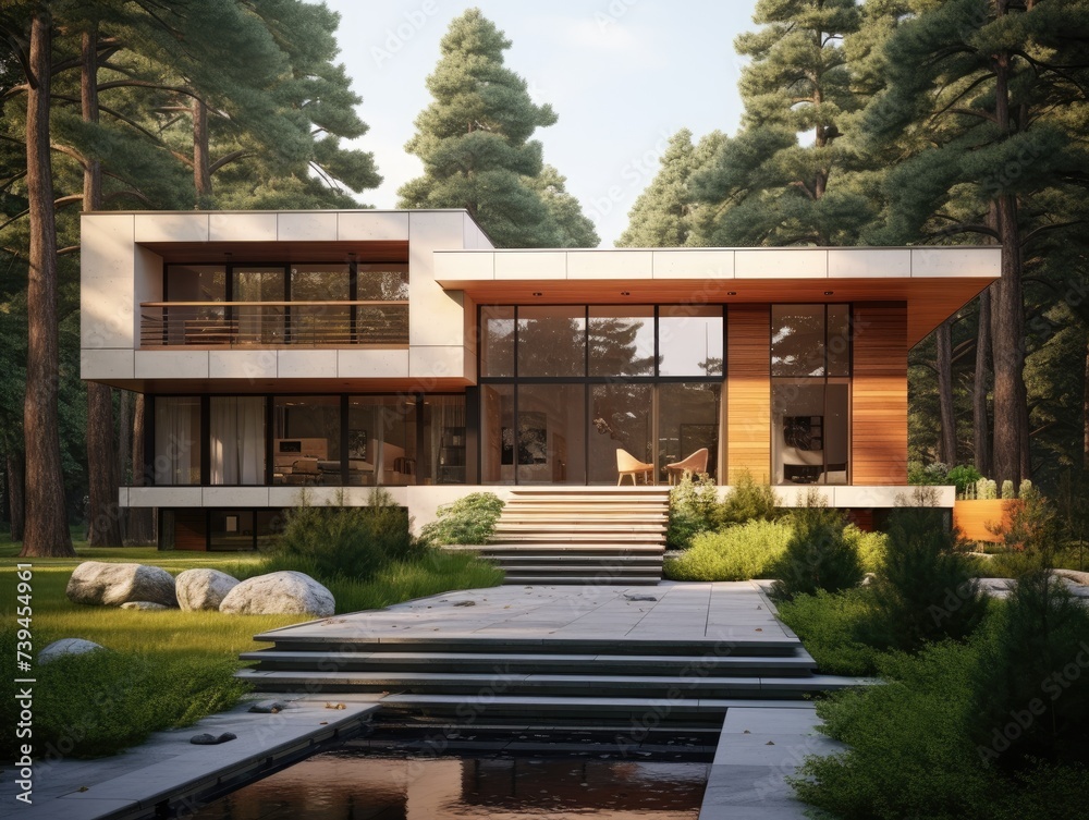 A contemporary home surrounded by trees in a dense forest setting, showcasing the harmonious blend of nature and modern architecture.