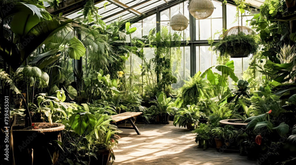 Indoor botanical garden flourishes with lush greenery, bathed in sunlight pouring through panoramic windows, offering a refreshing and natural backdrop.