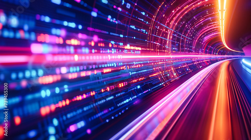Speed of light through a futuristic tunnel: Blurred lines and neon illumination convey the rapid movement and connectivity of the digital age
