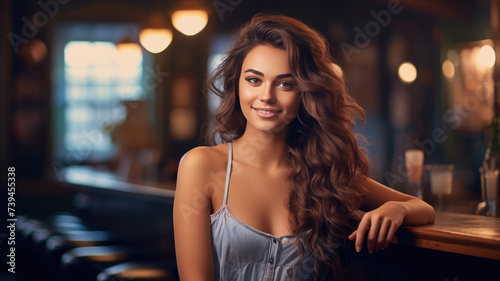 A woman is sitting at a bar, smiling and posing for a picture. She is looking directly at the camera with a confident posture.