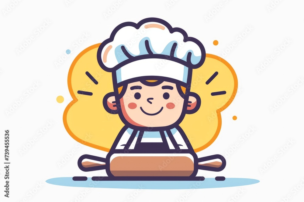 A cartoon baker with a chef's hat and a rolling pin, vector flat icon illustration, Modern Line Icon, bold lines, vibrant color, linear patterns, isolate on white A cartoon baker with a chef's hat and a rolling pin, vector flat icon illustration, Modern Line Icon, bold lines, vibrant color, linear patterns, isolate on white
