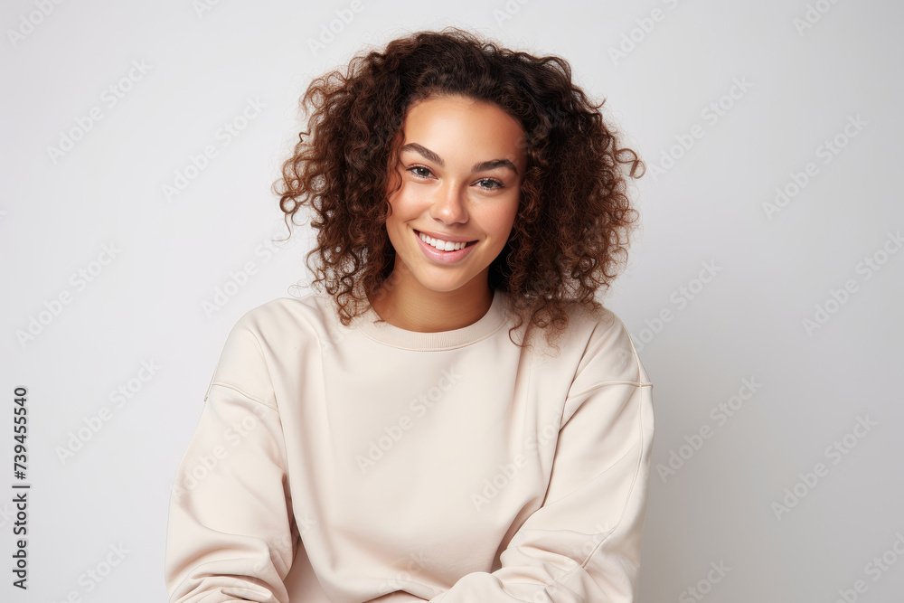 Fototapeta premium A photograph of a woman with curly hair sitting on a chair in a room.