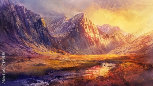 A rugged mountain range bathed in the golden glow of sunset, the last rays of sunlight kissing the rocky cliffs, a small stream meanders through the valley below