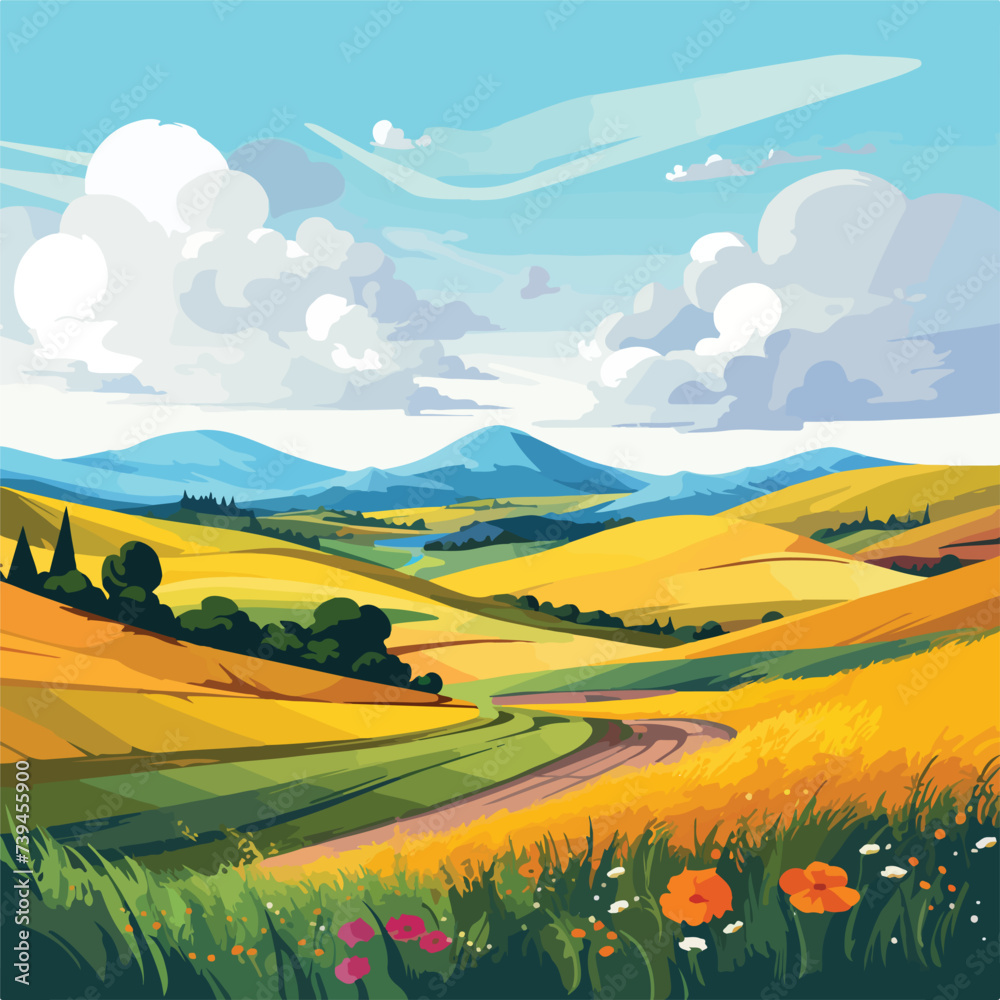 Illustration of beautiful fields landscape. illus