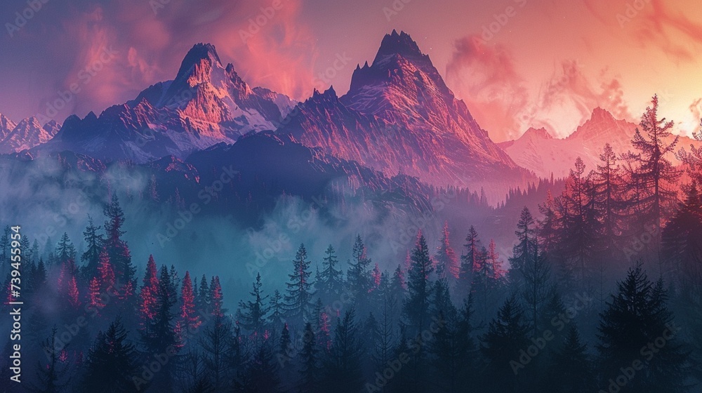 An imposing mountain landscape at dusk, the silhouette of craggy peaks standing against the vibrant hues of the setting sun, a dense forest blankets the foothills