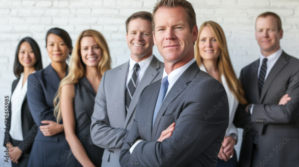 group of smiling professionals, both men and women, standing in a line and dressed in business casual attire group of smiling professionals, both men and women, standing in a line and dressed in business casual attire