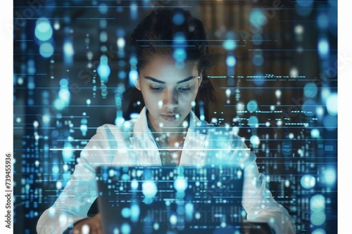Photo of young data scientist woman working at laptop