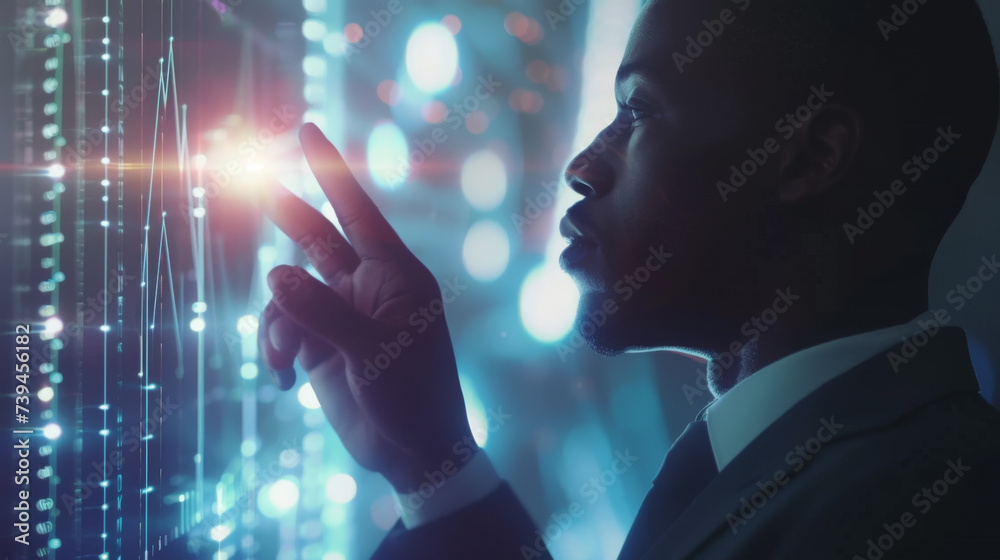 man in profile, dressed in business attire, interacting with a futuristic digital screen displaying financial graphs and data, symbolizing financial analysis or market trading. man in profile, dressed in business attire, interacting with a futuristic digital screen displaying financial graphs and data, symbolizing financial analysis or market trading.