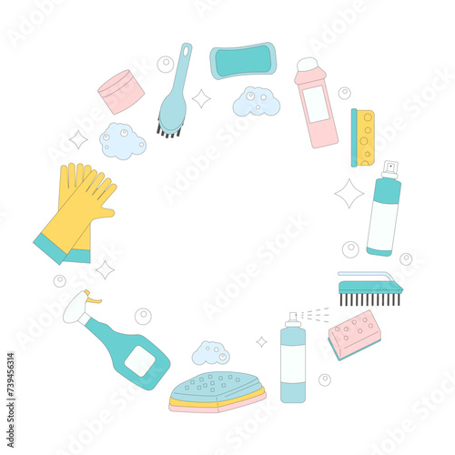Cleaning tools round frame isolated. Vector Wash home equipment round composition. Soap foam, gloves and brushes with bottles