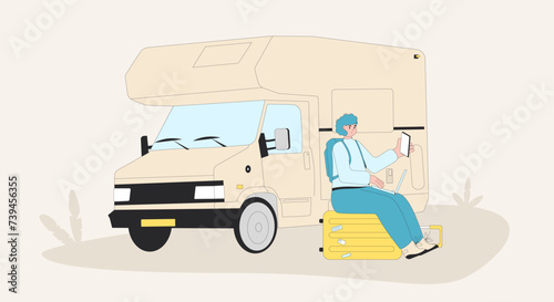 Digital nomad working on the road. Caravan, camper trailer with person. Vector flat illustration