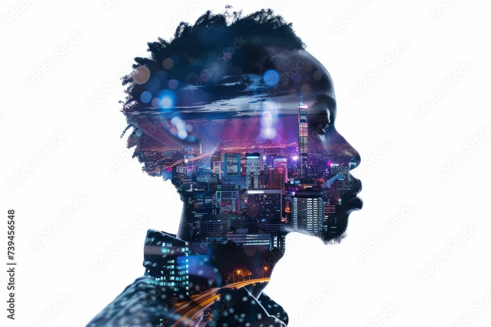 Naklejka premium Innovative double exposure artwork showcasing african male, side shot, filled with a bustling johannesburg at night, blue and purple shades, ultra-high resolution 32k, white background