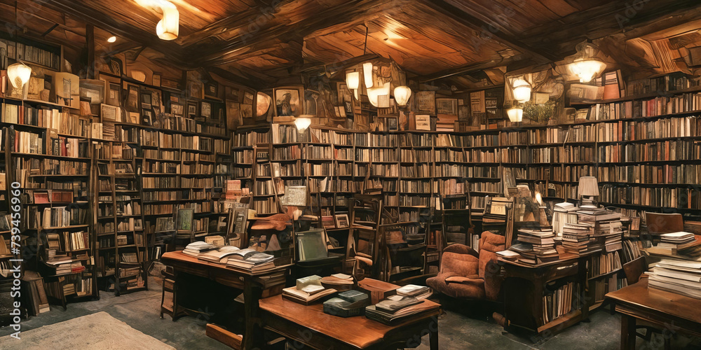 Magical library with a showcase towering shelves of ancient tomes. Generative AI. Magical library with a showcase towering shelves of ancient tomes. Generative AI.