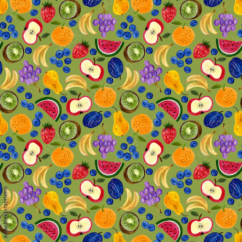 Seamless fruit pattern, Colourful fruit background, Healthy vitamins print, Wrapping and packaging design, Fabric and Textile print, Summer trendy wallpaper