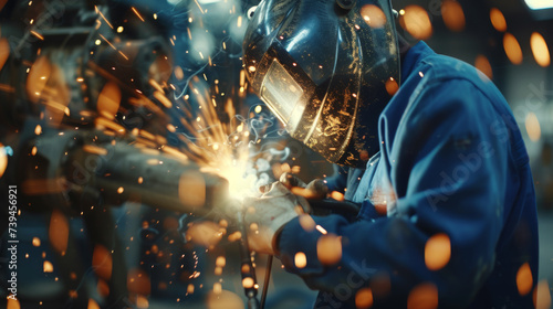 worker in protective gear using a welding tool on metal, with sparks flying around in an industrial setting.
