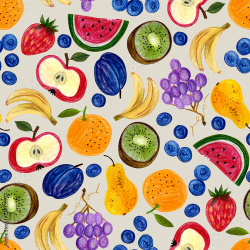 Fototapeta Naklejka Na Ścianę i Meble -  Seamless fruit pattern, Colourful fruit background, Healthy vitamins print, Wrapping and packaging design, Fabric and Textile print, Summer trendy wallpaper