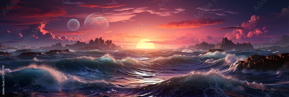 Colorful sea waves with sunrise background. Stormy 3d morning seascape with big waves crashing against rocky coastline. Sun illuminates spray and foam creating dramatic scene