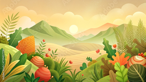 Abstract illustrations of natural landscapes  organic art style  beautiful colors  cute and sweet.