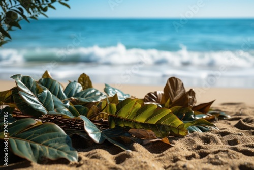A cluster of leaves scattered on the sandy surface of a beach, creating a natural and earthy scene
