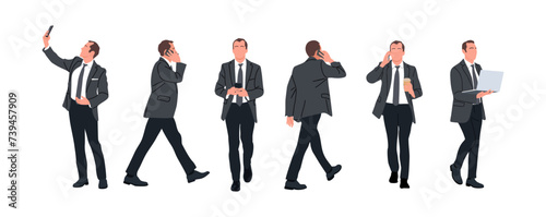 Set of Businessman character in different poses. Handsome man wearing formal suit standing and walking, using phone, laptop, front, back and side view. Vector realistic illustration isolated on white.