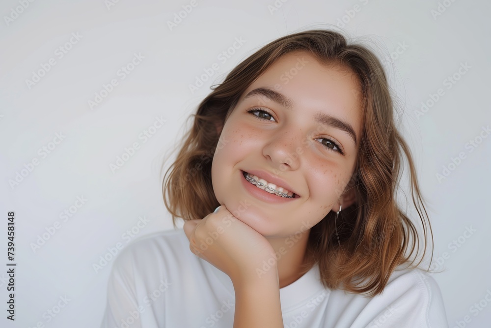 Portrait of a smiling teenage girl with braces in her mouth on a light background with empty space for text Portrait of a smiling teenage girl with braces in her mouth on a light background with empty space for text