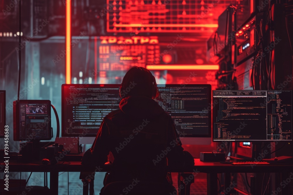 Person in a dimly lit room, surrounded by computer screens displaying lines of foreign code. The image captures the essence of deciphering complex algorithms, with a cyberpunk-inspired.