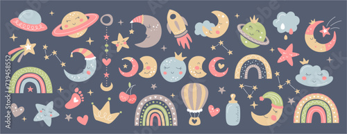 Boho baby nursery elements. Hand drawn celestial collection with cute rainbow, moon, clouds, balloon, rocket, hearts and baby footprint. Newborn decoration with stars and planets for bedroom.