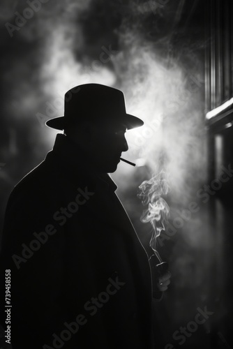 Portrait of a man in a hat smoking a cigarette on a dark background. Man in a film noir setting, with a cigarette in hand and a feigned sense of detachment.