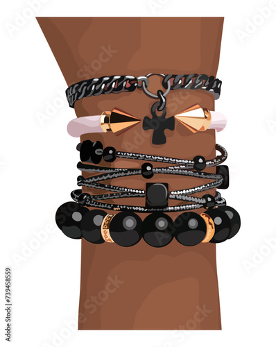 Womans hand with a lot of stylish bracelets. Female trendy accessories, dark bracelets with cross, gemstones. Shambala, mystical elements. Vector realistic illustration isolated on white background.