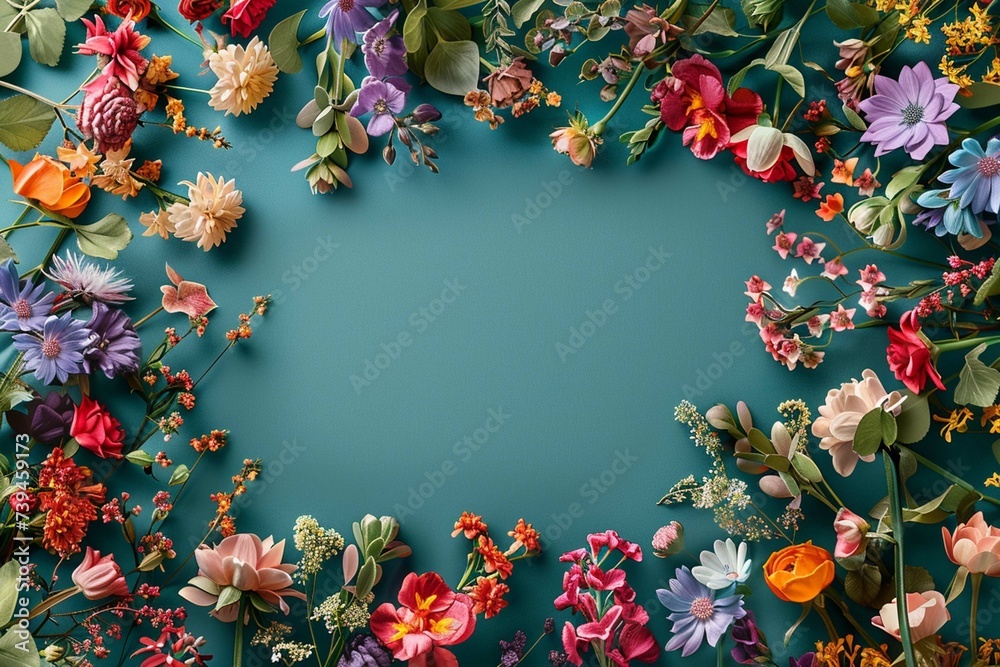 Generative AI illustration of landscape oriented blank frame encircled by a diverse mix of colorful flowers on a teal background

