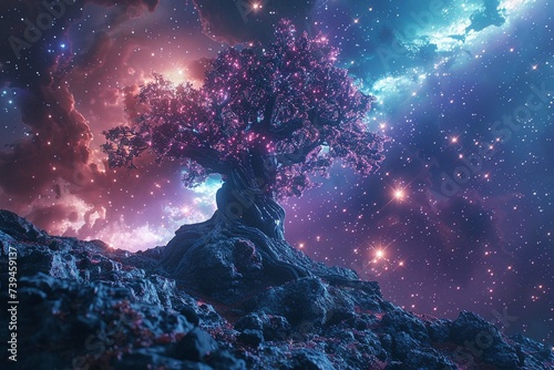 Cosmic nebula growing gigantic tree, growing on asteroid, universe, majestic, dreamy, extraterrestial planet. Generative AI 