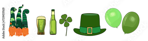 Set of St. Patricks Day symbols. Irish leprechaun hat, clover, beer, gnomes, green balloons. Vector illustrations isolated on white background.