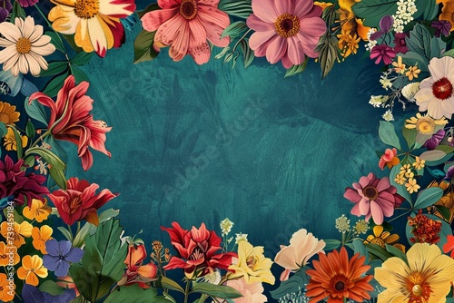 Generative AI illustration of landscape oriented blank frame encircled by a diverse mix of colorful flowers on a teal background
