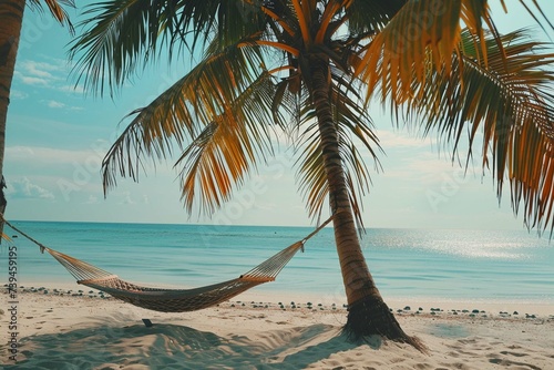 Hammock near palm tree on beach 