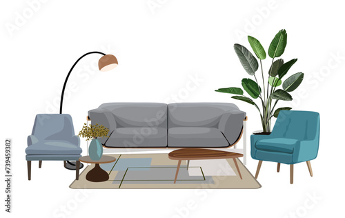 Living room interior. Comfortable sofa, armchairs, coffee table, house plant, vase. Vector realistic illustration isolated on white background.