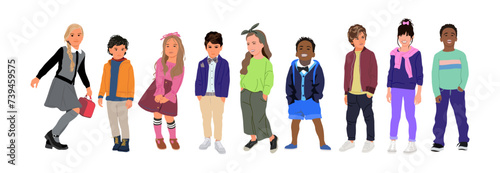 Set of different Kids flat vector realistic illustrations. Multiracial group of children in modern casual clothing. Modern elementary, middle school students, kindergarten pupils cartoon characters