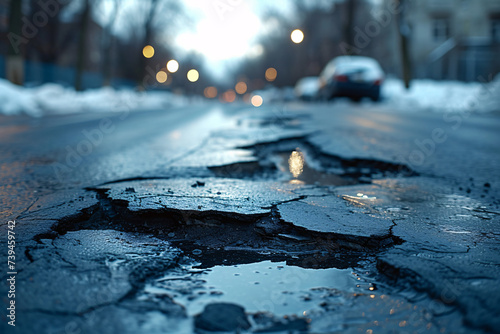 Close-up of a potholed city street in winter twilight photo