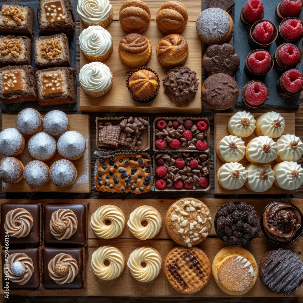 A flat lay composition of various pastries and confections neatly arranged on a rustic wooden table, ideal for showcasing a bakery's diverse dessert offerings. A flat lay composition of various pastries and confections neatly arranged on a rustic wooden table, ideal for showcasing a bakery's diverse dessert offerings.
