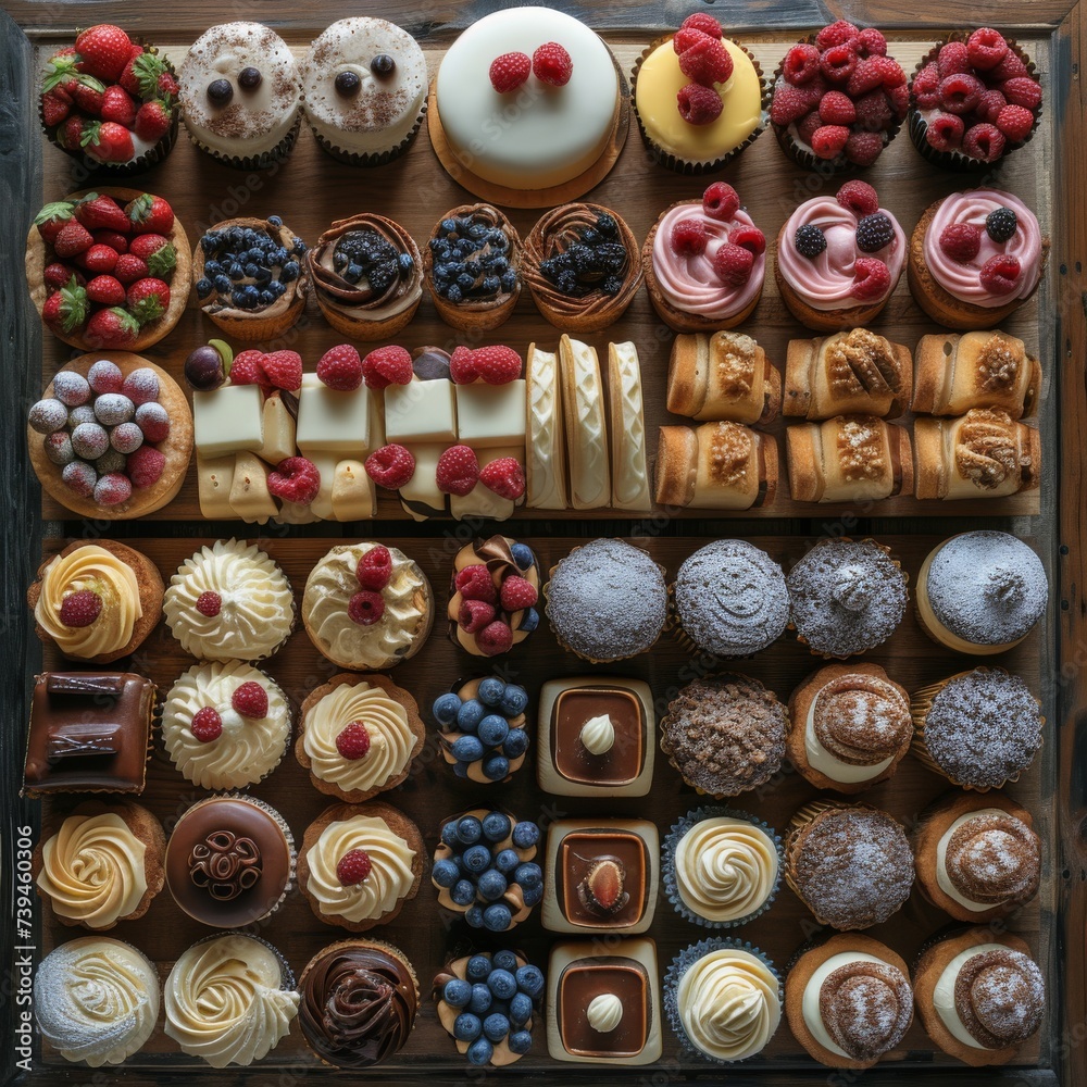 A flat lay composition of various pastries and confections neatly arranged on a rustic wooden table, ideal for showcasing a bakery's diverse dessert offerings.