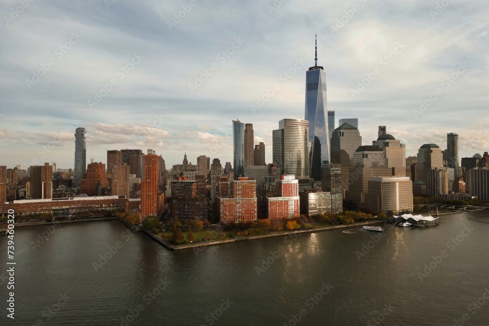 NYC skyline. Manhattan view from New Jersey, NYC skyscraper. Drone aerial view of New York City. Big Apple. NYC panorama from Hudson. Cityscape landmark. Lower Manhattan NYC.