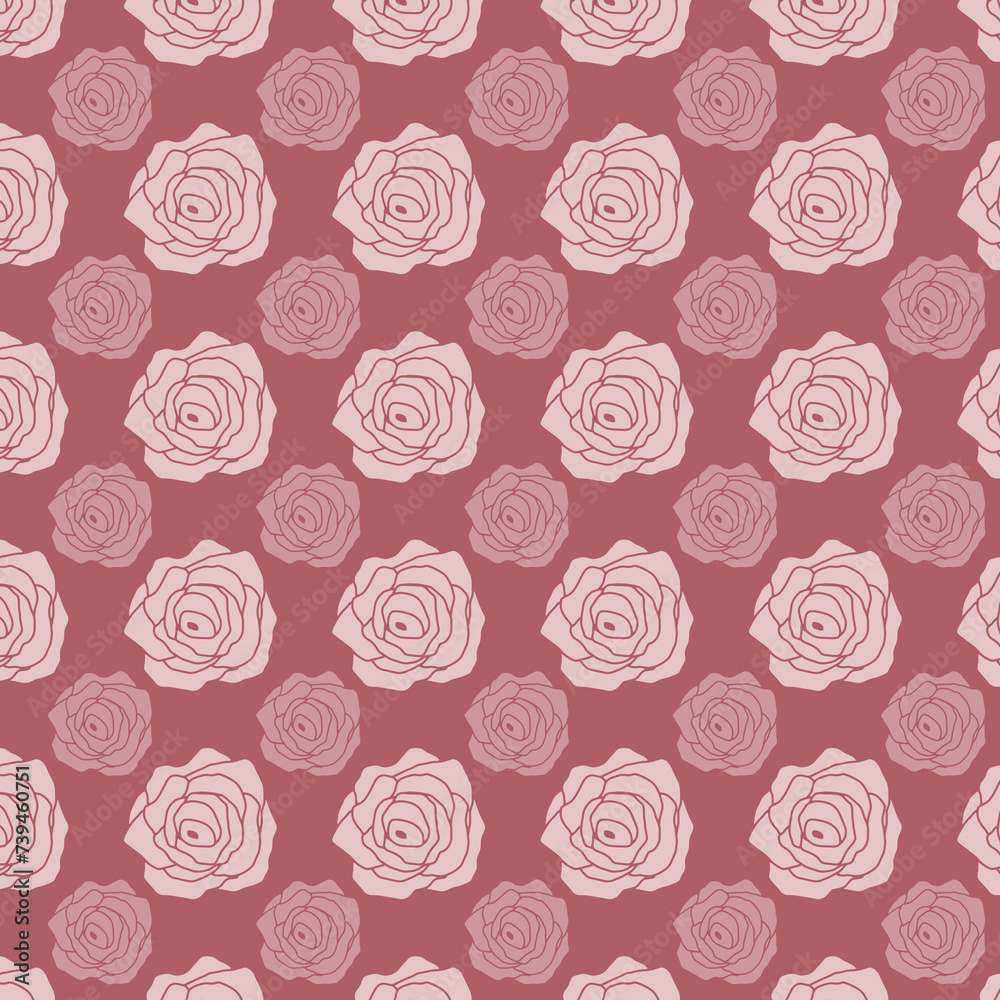 Floral seamless pattern with rose flowers. Simple hand-drawn style. Pretty ditsy for fabric, textile, wallpaper. Digital paper in pink background