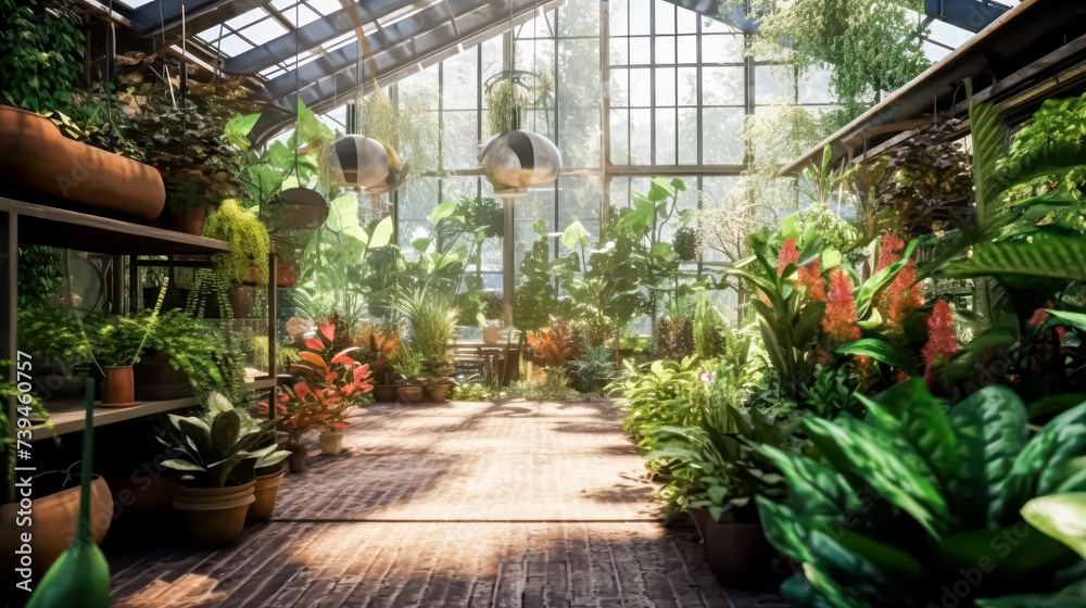 Under the radiant sun, a greenhouse brimming with exotic plants is showcased, offering a glimpse of vibrant foliage and botanical wonders on a bright, sunny day.