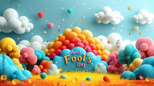 April Fool's Day greeting card template. Funny cartoon illustration with colorful balloons on a blue background