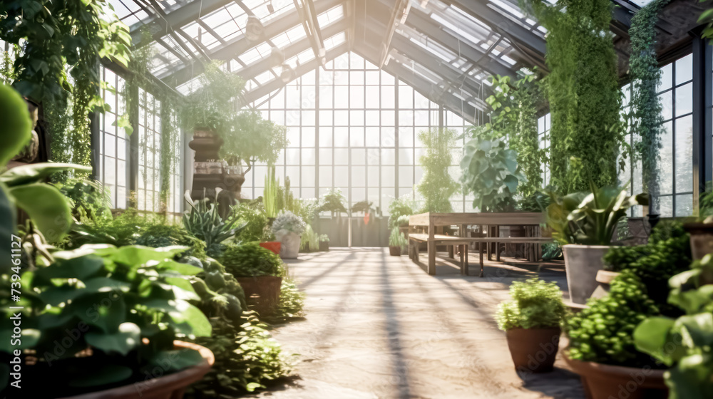 Under the radiant sun, a greenhouse brimming with exotic plants is showcased, offering a glimpse of vibrant foliage and botanical wonders on a bright, sunny day.
