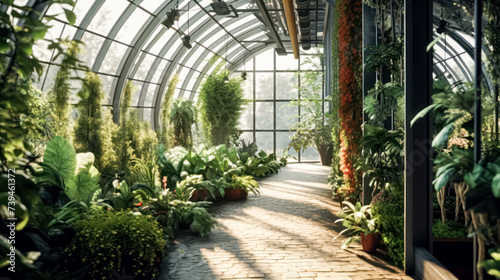 Under the radiant sun, a greenhouse brimming with exotic plants is showcased, offering a glimpse of vibrant foliage and botanical wonders on a bright, sunny day. © Людмила Мазур