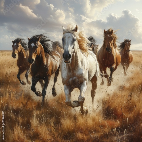 A group of wild horses galloping across an open field, their flowing manes and tails creating a sense of freedom and untamed beauty  © Nico