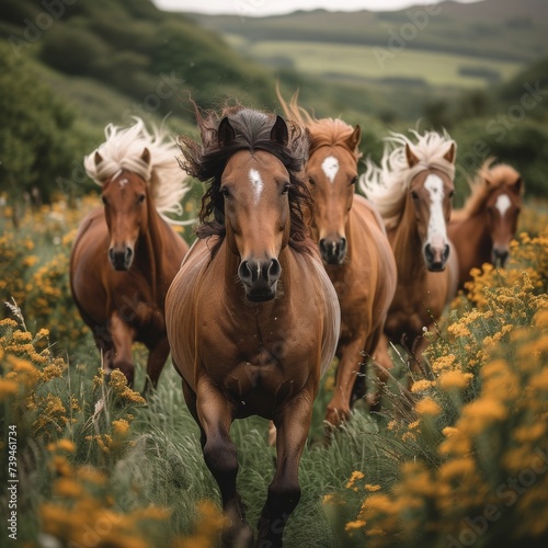 A group of wild horses galloping across an open field  their flowing manes and tails creating a sense of freedom and untamed beauty 